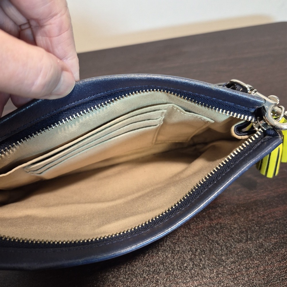 Coach Legacy Navy Blue Perforated Leather Zip Clutch Wristlet with Tassels - Picture 4 of 8